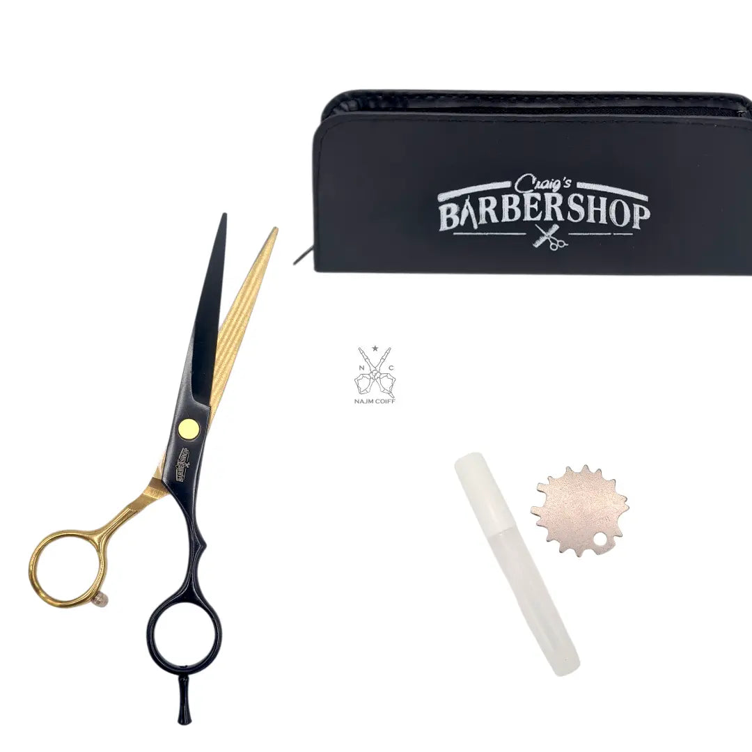 Ciseau droite Noir et gold vip barbershop najmcoiff